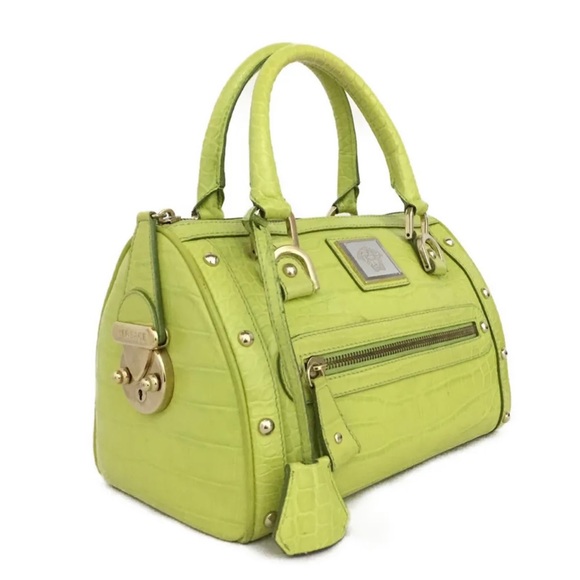 RARE👜VERSACE👜AUTHENTICATED Medusa Lime green croc embossed satchel - Picture 2 of 15